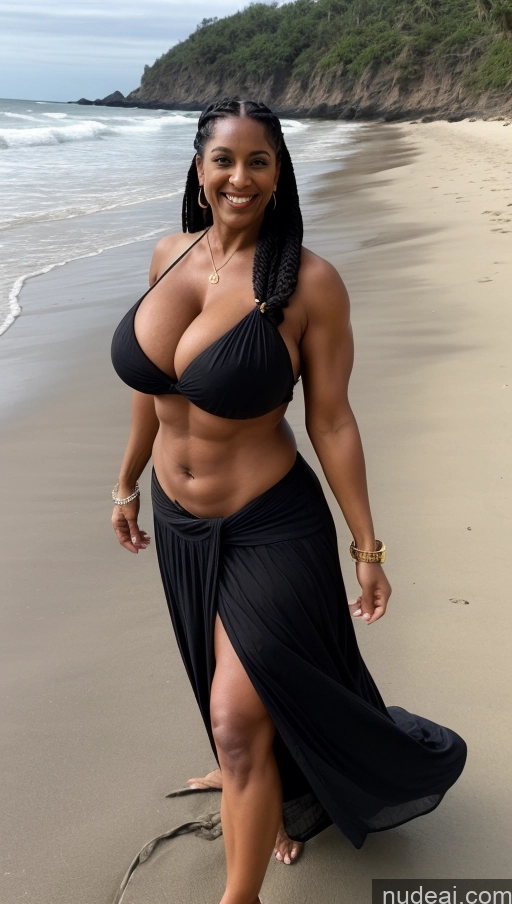 ai nude image of arafed woman in a black dress walking on a beach pics of Milf Busty Beautiful Tattoos Muscular Big Ass Abs Thick Big Hips Tall Dark Skin 50s Indian Beach Front View T-pose Bikini Dark Lighting Sexy Face Long Skirt Black Hair Laughing Braided Huge Boobs