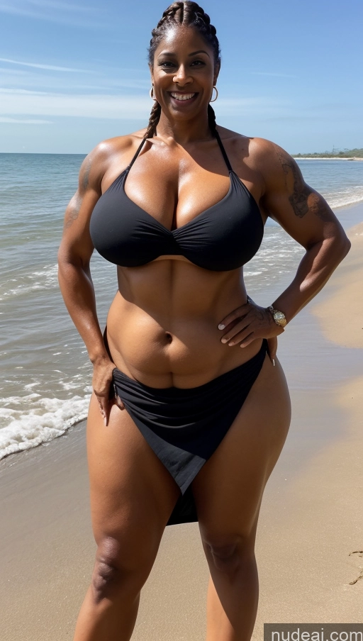 ai nude image of arafed woman in a black bikini posing on the beach pics of Milf Busty Huge Boobs Beautiful Tattoos Muscular Big Ass Abs Thick Big Hips Tall Dark Skin 50s Laughing Ginger Braided Indian Beach Front View T-pose Bikini Dark Lighting Sexy Face Long Skirt