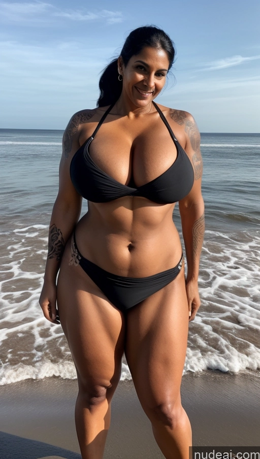 ai nude image of arafed woman in a black bikini standing on the beach pics of Milf Busty Beautiful Tattoos Muscular Big Ass Thick Big Hips Tall Dark Skin 50s Laughing Indian Beach Front View T-pose Bikini Dark Lighting Sexy Face Huge Boobs Abs Long Skirt Ponytail Black Hair