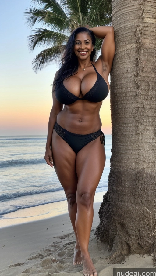 ai nude image of arafed woman in a black bikini posing by a palm tree pics of Milf Busty Beautiful Tattoos Muscular Big Ass Thick Big Hips Tall Dark Skin 50s Laughing Indian Beach Front View T-pose Bikini Dark Lighting Sexy Face Huge Boobs Abs Ponytail Black Hair Long Skirt