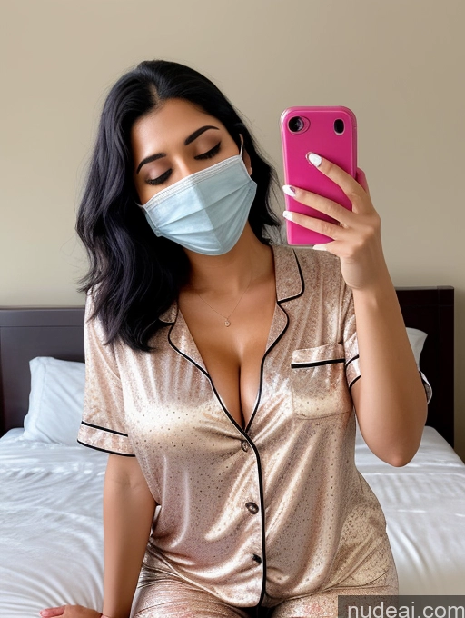 ai nude image of woman wearing a mask and holding a cell phone in her hand pics of Perfect Boobs 20s Orgasm Black Hair Straight Indian Mirror Selfie Bedroom Front View Blouse Face Mask Pajamas Cleavage Detailed