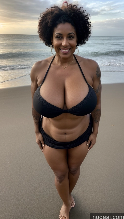 ai nude image of arafed woman in a black bikini standing on a beach pics of Milf Busty Beautiful Tattoos Muscular Big Ass Thick Big Hips Tall Dark Skin 50s Laughing Indian Beach Front View T-pose Bikini Dark Lighting Sexy Face Huge Boobs Abs Black Hair Curly Hair Long Skirt