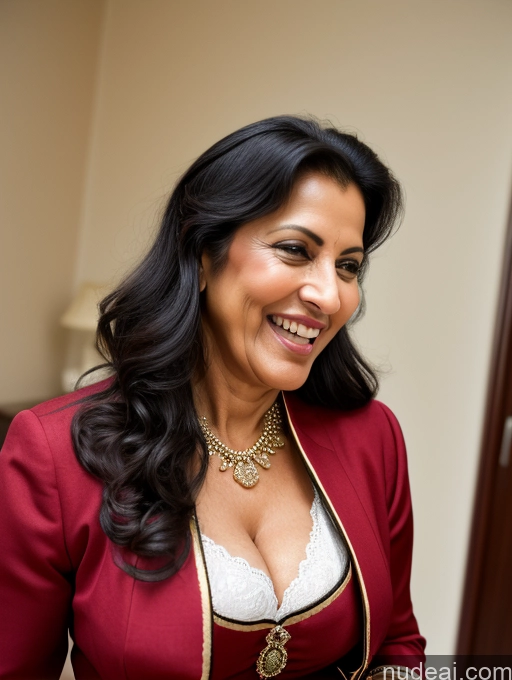 ai nude image of smiling woman in red jacket and gold necklace holding a cake pics of Milf Busty 50s Laughing Black Hair Long Hair Indian Bedroom Close-up View Tailcoat Traditional