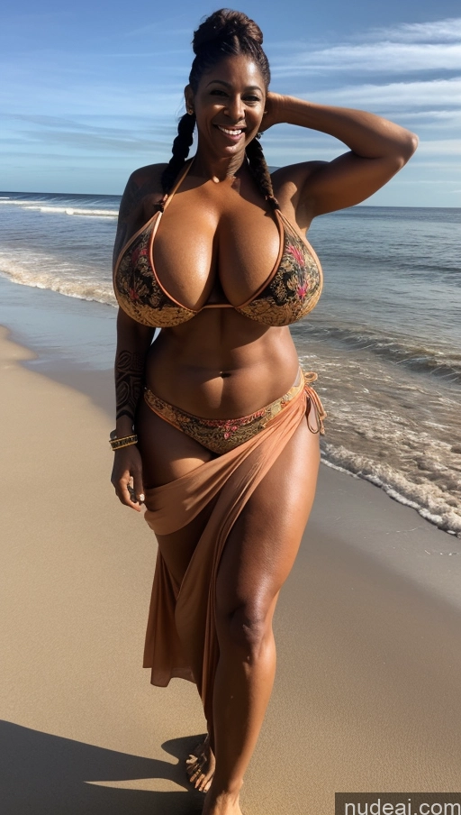 ai nude image of araffe woman in a bikini walking on the beach with her hand on her head pics of Milf Busty Beautiful Tattoos Muscular Big Ass Thick Big Hips Tall Dark Skin 50s Laughing Indian Beach Front View T-pose Bikini Dark Lighting Sexy Face Huge Boobs Abs Braided Long Skirt Ginger