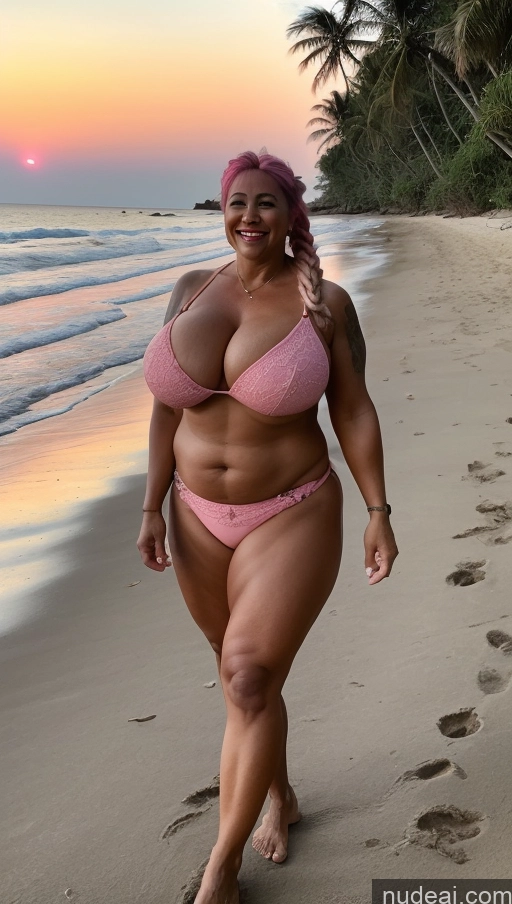 ai nude image of araffe woman in a pink bikini walking on a beach pics of Milf Busty Beautiful Tattoos Muscular Big Ass Thick Big Hips Tall Dark Skin 50s Laughing Indian Beach Front View T-pose Bikini Dark Lighting Sexy Face Huge Boobs Long Skirt Fat Braided Pink Hair