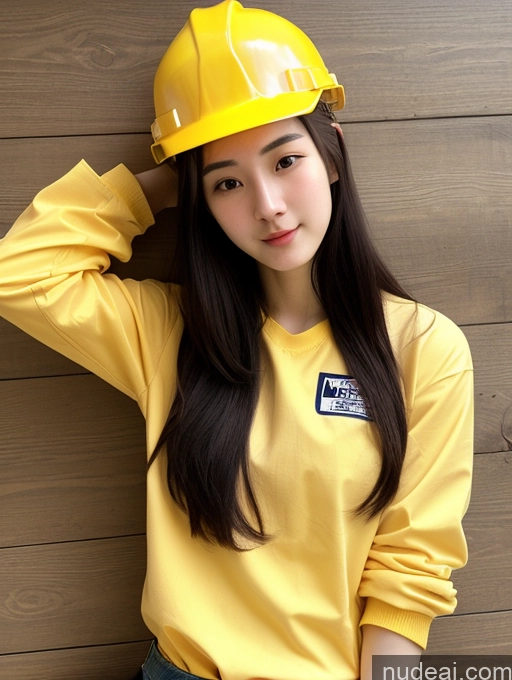 ai nude image of arafed woman wearing a hard hat leaning against a wall pics of Small Tits Beautiful Skinny Fairer Skin Korean Long Hair Black Hair 18 Plank Construction Worker