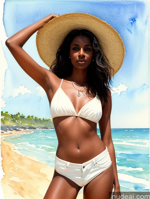 ai nude image of there is a woman in a bikini and a hat on the beach pics of Woman Short Skinny Long Hair Beach Indian Dark Skin Watercolor Front View 90s Black Hair