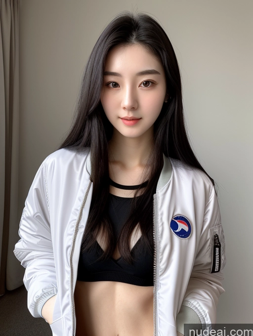 ai nude image of arafed asian woman in a white jacket and black bra top pics of Beautiful Skinny Fairer Skin 18 Black Hair Long Hair Korean Perfect Boobs Bomber