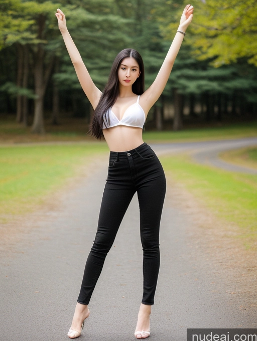 ai nude image of araffe woman in a white top and black pants posing for a picture pics of Beautiful Skinny Fairer Skin 18 Black Hair Long Hair Korean Perfect Boobs Stylish T-pose