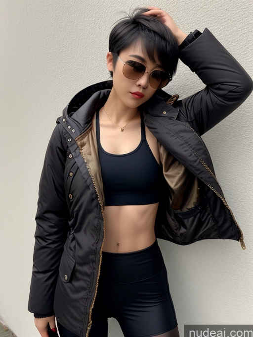 ai nude image of there is a woman in a black jacket and black shorts posing pics of Detailed Sunglasses Small Ass Skinny 20s Short Hair Chinese Parka Sports Bra Tank Top Steampunk