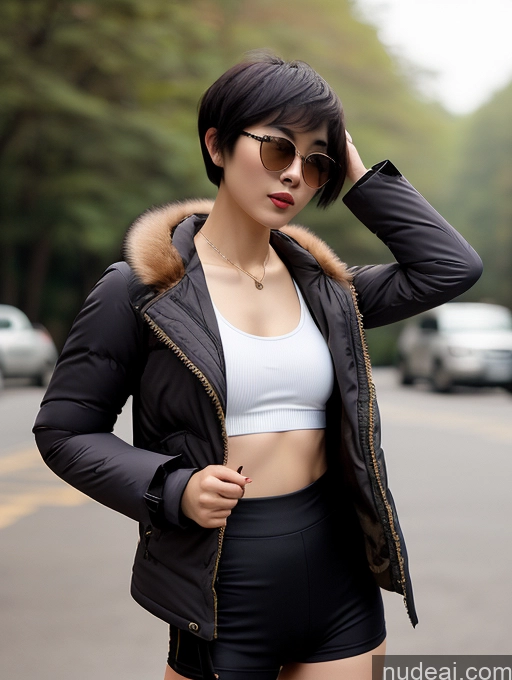 ai nude image of arafed woman in a black jacket and shorts standing on a street pics of Detailed Sunglasses Small Ass Skinny 20s Short Hair Chinese Parka Sports Bra Tank Top Steampunk