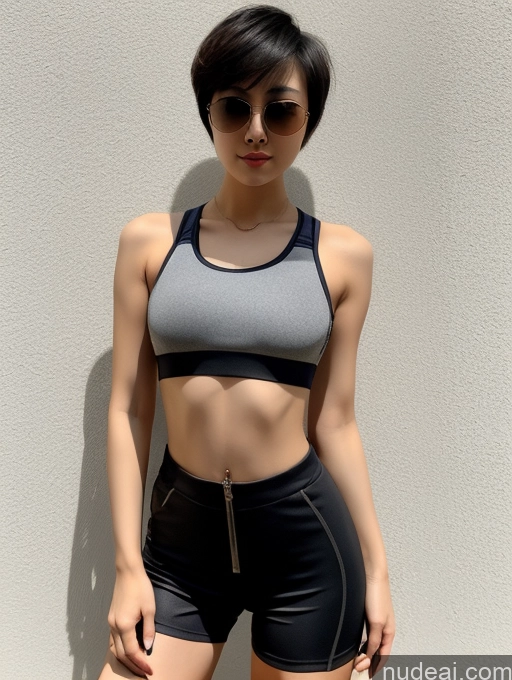 ai nude image of arafed woman in a sports bra top and shorts posing for a picture pics of Detailed Sunglasses Small Ass Skinny 20s Short Hair Chinese Sports Bra Tank Top Steampunk Boots