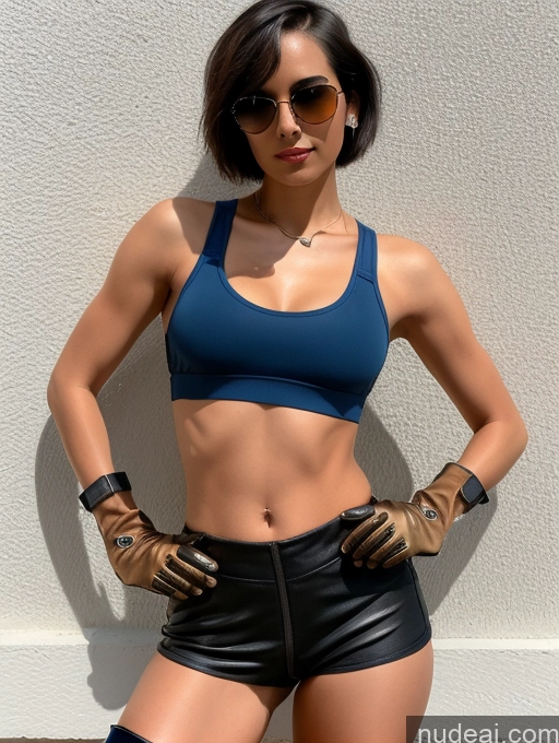 ai nude image of araffe woman in a blue sports bra top and black leather shorts pics of Detailed Sunglasses Small Ass Skinny 20s Short Hair Sports Bra Tank Top Steampunk Boots Gloves Latina