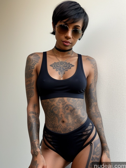 ai nude image of there is a woman with tattoos on her body and a black bikini pics of Detailed Sunglasses Small Ass Skinny 20s Short Hair Tank Top Steampunk Gloves Tattoos Transparent Ethiopian