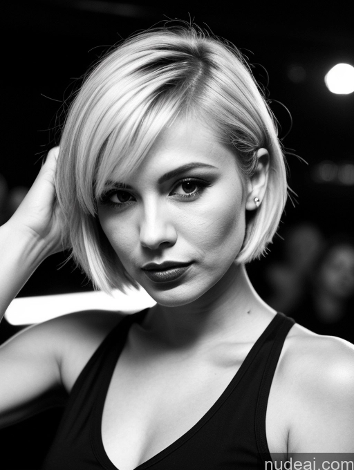 ai nude image of blond woman with short hair and black tank top holding a knife pics of Small Tits Skinny 40s Serious Pouting Lips Blonde Short Hair White Black And White Club Front View Casual