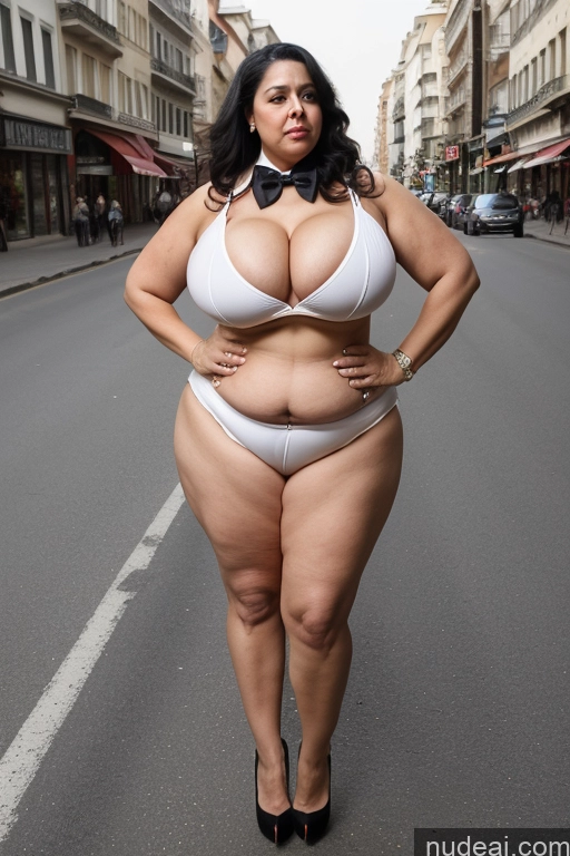 ai nude image of araffe woman in a white bikini posing for a picture on a street pics of Milf Busty Huge Boobs Big Hips Big Ass Fat Sad Simple Turkish Black Hair 50s High Heels Street Thick Bow Tie