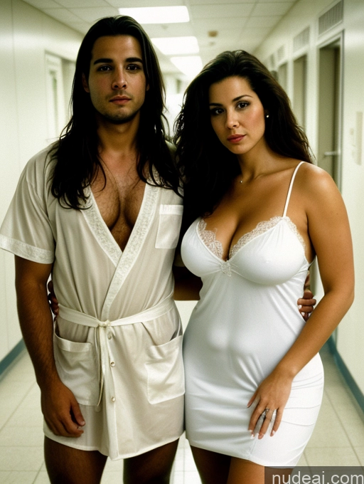 ai nude image of there is a man and woman in white robes posing for a picture pics of Busty Big Ass Big Hips 30s Shocked Brunette Long Hair White Film Photo Hospital Nightgown Cleavage Detailed Serious Woman + Man Two Thick