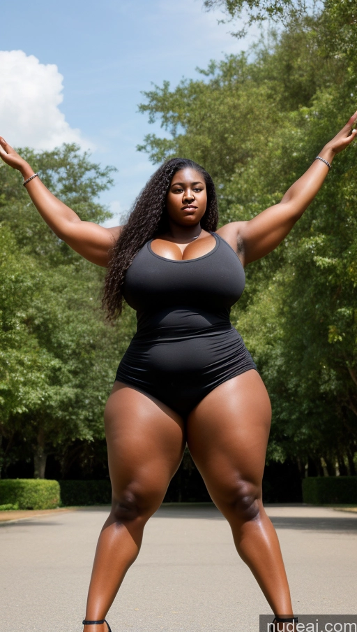 ai nude image of araffe woman in a black bodysuit posing for a picture pics of Huge Boobs Muscular Big Ass Abs Chubby 18 Long Hair Dress T-pose Nigerian