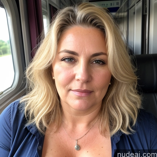 ai nude image of blond woman with blue shirt and necklace on train looking at camera pics of Thick Chubby Serious Blonde Messy White Skin Detail (beta) Train Front View Cumshot Detailed 50s Milf Blouse