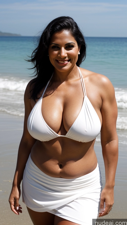 ai nude image of araffe woman in a white bikini posing on the beach pics of Milf Busty Beautiful Tattoos Muscular Big Ass Big Hips Tall Dark Skin Indian Beach Front View T-pose Bikini Dark Lighting Sexy Face 50s Happy Black Hair Thick Long Skirt Slicked Chubby Perfect Boobs