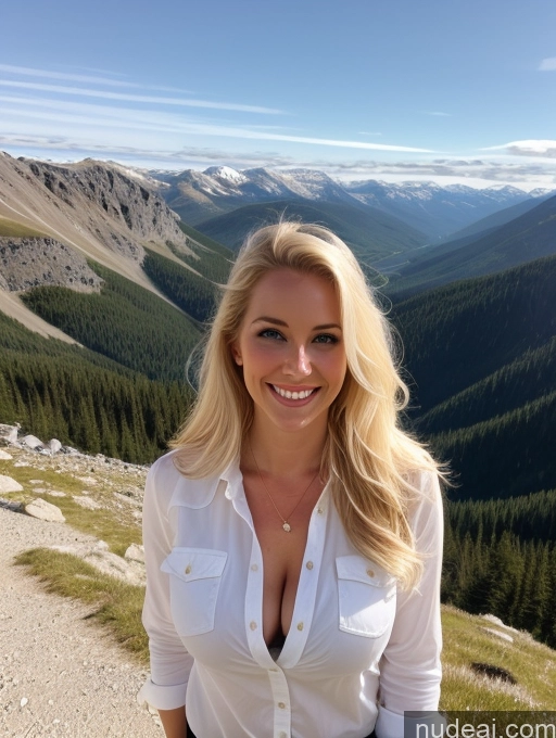 ai nude image of blond woman in white shirt standing on a mountain top with a valley in the background pics of Model One Perfect Boobs Long Hair Fairer Skin Happy Blonde Swedish Mountains Front View Jeans Shirt Western 20s