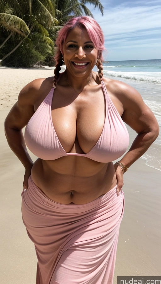 ai nude image of arafed woman in a pink bikini posing on the beach pics of Milf Busty Huge Boobs Beautiful Tattoos Muscular Big Ass Thick Fat Big Hips Tall Dark Skin 50s Laughing Pink Hair Braided Indian Beach Front View T-pose Bikini Long Skirt Dark Lighting Sexy Face