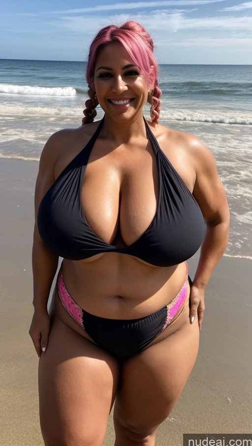 ai nude image of araffe woman in a black bikini standing on the beach pics of Milf Busty Huge Boobs Beautiful Tattoos Muscular Big Ass Thick Big Hips Tall Dark Skin 50s Laughing Braided Indian Beach Front View T-pose Bikini Dark Lighting Sexy Face Long Skirt Fat Pink Hair