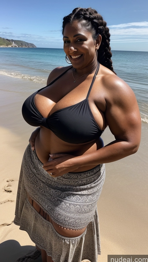 ai nude image of arafed woman in a black bikini standing on a beach pics of Milf Busty Huge Boobs Beautiful Tattoos Muscular Big Ass Thick Big Hips Tall Dark Skin 50s Laughing Braided Indian Beach Front View T-pose Bikini Dark Lighting Sexy Face Long Skirt Fat Black Hair