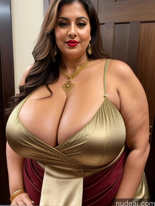 ai nude image of a close up of a woman in a gold dress posing for a picture pics of Milf Busty Lipstick Thick Chubby Big Hips Long Hair Brunette Sari Victorian Cleavage Gold Jewelry Huge Boobs Tanned Skin Pubic Hair Tall 60s Kisses