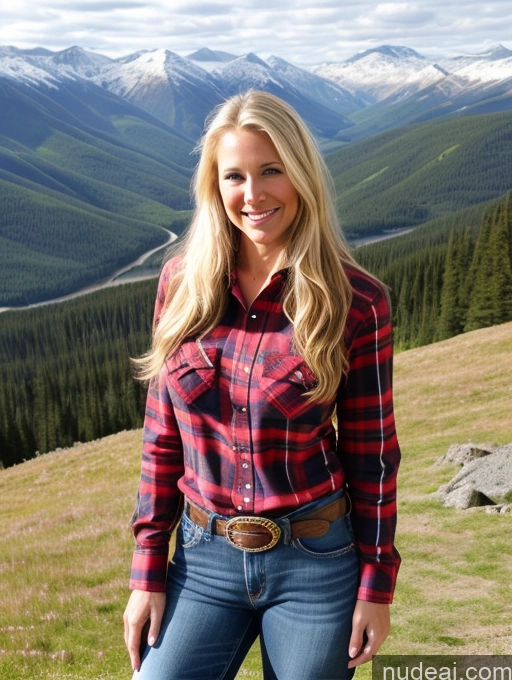 ai nude image of arafed woman in a red and blue shirt and jeans standing in a field pics of Model One Perfect Boobs Small Tits 40s Happy Blonde Long Hair Front View Jeans Western Mountains Swedish Lumberjack