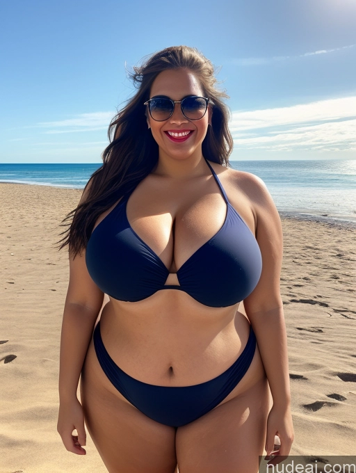 ai nude image of araffe woman in a bikini posing on the beach pics of Woman One Busty Huge Boobs Sunglasses Lipstick Big Ass Chubby Fat Big Hips 20s Happy Brunette Ponytail White Beach T-pose Bikini