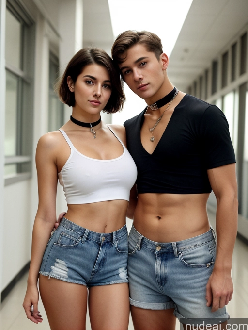 ai nude image of there are two people standing next to each other in a hallway pics of Perfect Boobs Beautiful Small Ass Skinny Abs School Hallway 18 Seductive Brunette Short Hair Choker Crop Top Daisy Dukes Fairer Skin French Woman + Man