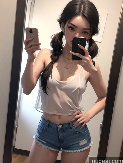 ai nude image of araffed woman taking a selfie in a mirror with a cell phone pics of Woman Several Small Tits Beautiful Small Ass Skinny Long Legs Tall Pubic Hair 18 Serious Black Hair Pigtails Japanese Mirror Selfie Front View Daisy Dukes Gold Jewelry Transparent