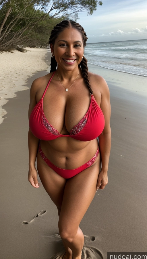 ai nude image of arafed woman in a red bikini standing on a beach pics of Milf Busty Huge Boobs Beautiful Tattoos Muscular Big Ass Thick Fat Big Hips Tall Dark Skin 50s Ginger Indian Beach Front View T-pose Bikini Dark Lighting Sexy Face Braided Happy Long Skirt