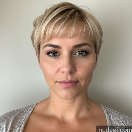 ai nude image of blond woman with short hair and piercings posing for a picture pics of Woman Chubby 40s Serious Blonde Pixie White Front View Cumshot Blouse Bright Lighting Detailed