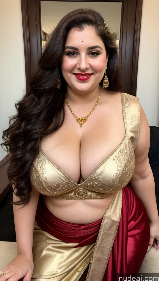 ai nude image of araffe woman in a gold sari posing for a picture pics of Milf Busty Beautiful Lipstick Chubby Fat Big Hips Fairer Skin 20s Happy Seductive Brunette Long Hair Russian Front View Straddling Sari Blouse Dirndl Victorian Cleavage Gold Jewelry Party