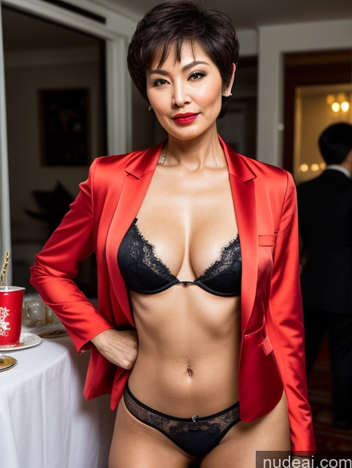 ai nude image of there is a woman in a red jacket and black panties posing pics of Milf Perfect Boobs Perfect Body Pubic Hair Beautiful Sexy Face Party Suit Stylish Short Hair Blouse Bra Shirt Partially Nude Detailed Dark Lighting 70s Jacket Lipstick Chinese