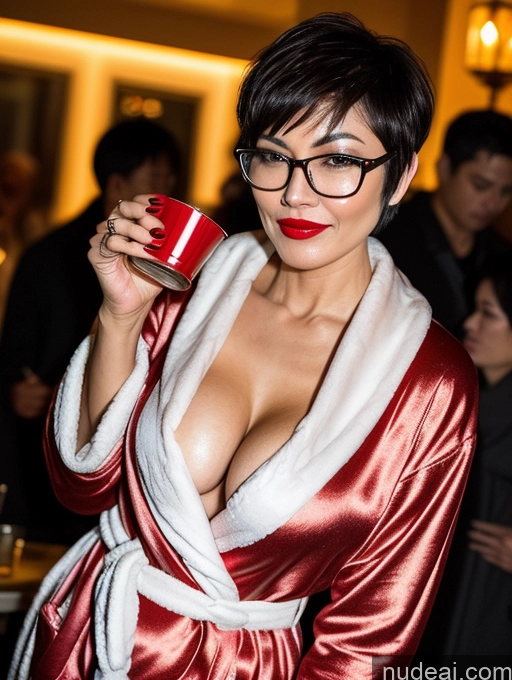 ai nude image of there is a woman in a robe holding a cup of coffee pics of Milf Perfect Boobs Perfect Body Beautiful Glasses Lipstick Pubic Hair Short Hair Sexy Face Chinese Party Bathrobe Stylish Detailed Dark Lighting