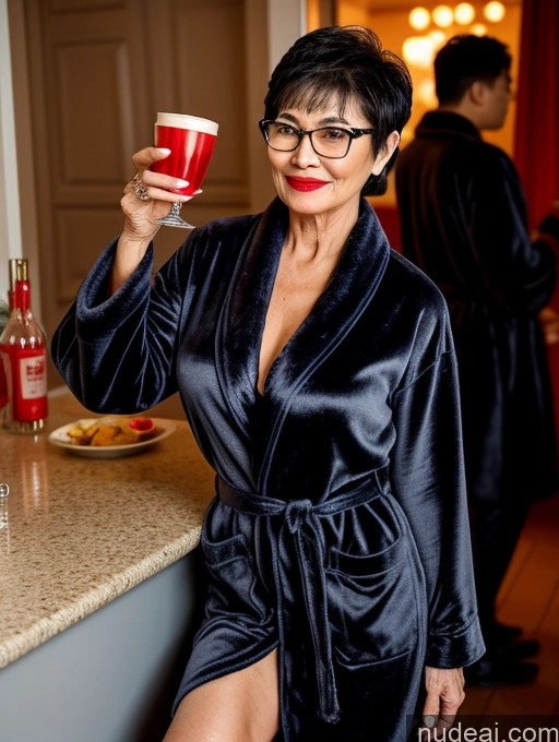 ai nude image of woman in black robe holding a cup of coffee in a kitchen pics of Milf Perfect Boobs Perfect Body Beautiful Glasses Lipstick Pubic Hair Short Hair Sexy Face Chinese Party Bathrobe Stylish Detailed Dark Lighting 70s