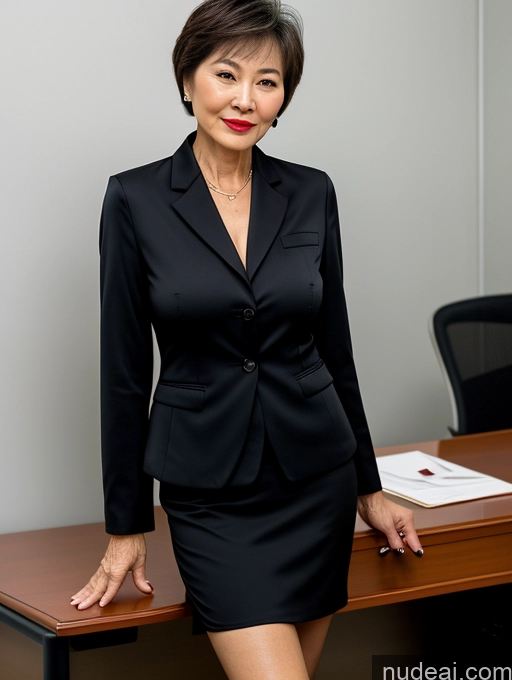 ai nude image of woman in black suit posing for a picture in an office pics of Milf Perfect Boobs Perfect Body Pubic Hair Beautiful Lipstick Short Hair Sexy Face Chinese Office Blouse Casual Suit Shirt Secretary Professor Partially Nude Dark Lighting Detailed 70s