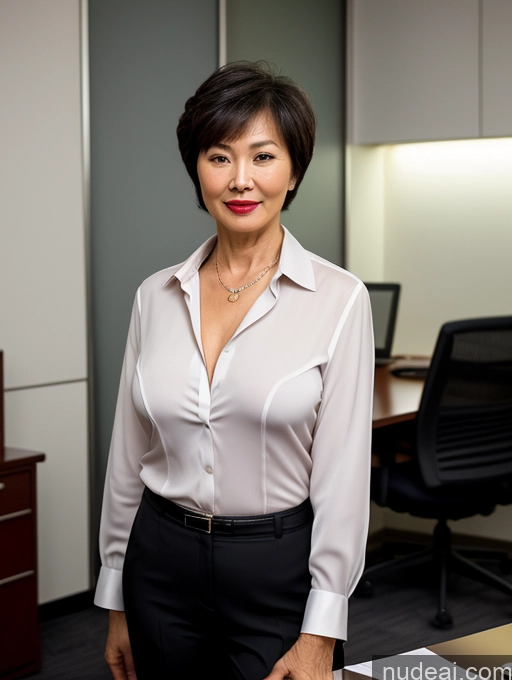 ai nude image of there is a woman standing in an office wearing a white shirt pics of Milf Perfect Boobs Perfect Body Pubic Hair Beautiful Lipstick Short Hair Sexy Face Chinese Office Blouse Casual Suit Shirt Secretary Professor Partially Nude Dark Lighting Detailed 70s