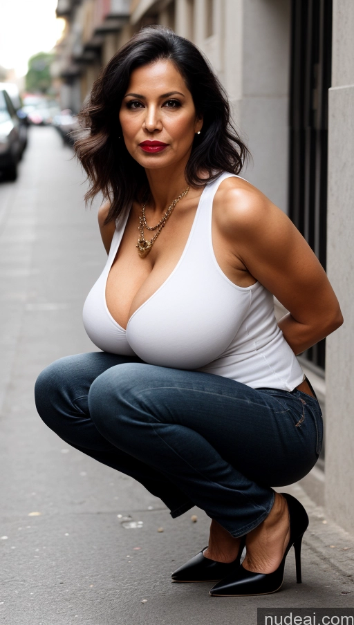 ai nude image of araffe woman in white tank top and jeans crouching down on sidewalk pics of Milf One Busty Huge Boobs Skinny Big Hips Black Hair Street Squatting Brazilian Shirt High Heels Alternative Jewelry Jeans Lipstick Serious Straight Casual Big Ass 60s