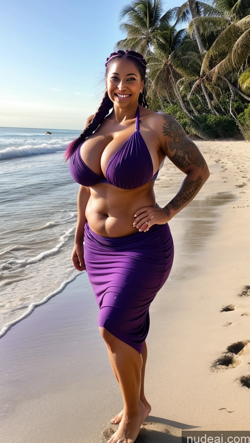 ai nude image of arafed woman in a purple bikini standing on a beach pics of Milf Busty Beautiful Tattoos Big Ass Big Hips Tall 50s Beach Front View Bikini Sexy Face Thick Indian Muscular Braided Huge Boobs Jumping Fat Happy Long Skirt Dark Skin Dark Lighting Purple Hair