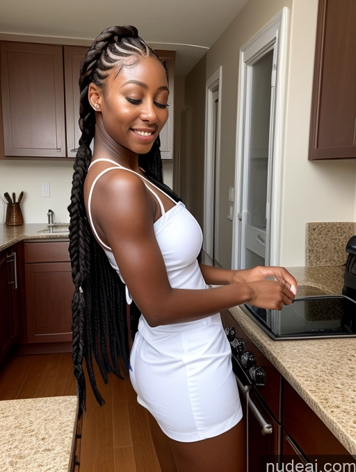 ai nude image of there is a woman in a white dress standing in a kitchen pics of Small Ass Front View 18 Shocked Braided Dark Skin Huge Boobs Skinny Orgasm Secretary Cooking