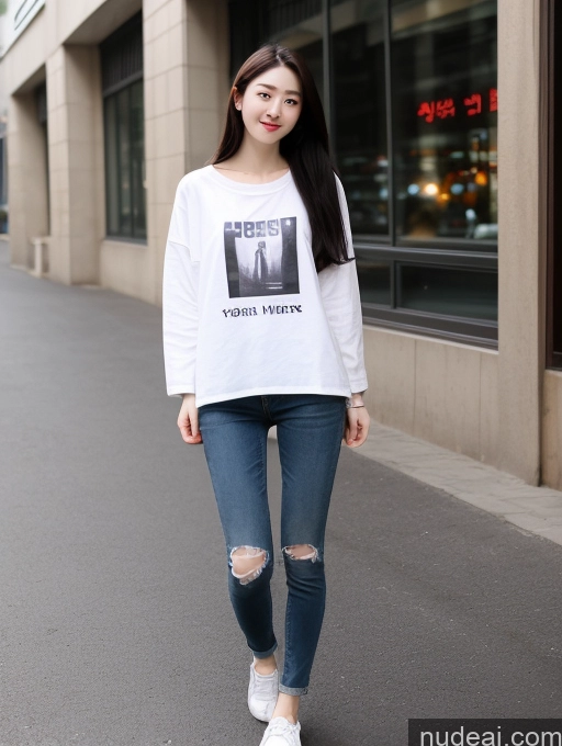 ai nude image of arafed woman in white shirt and ripped jeans standing on street pics of Beautiful Skinny 18 Black Hair Long Hair Korean Spreading Legs Casual Fairer Skin