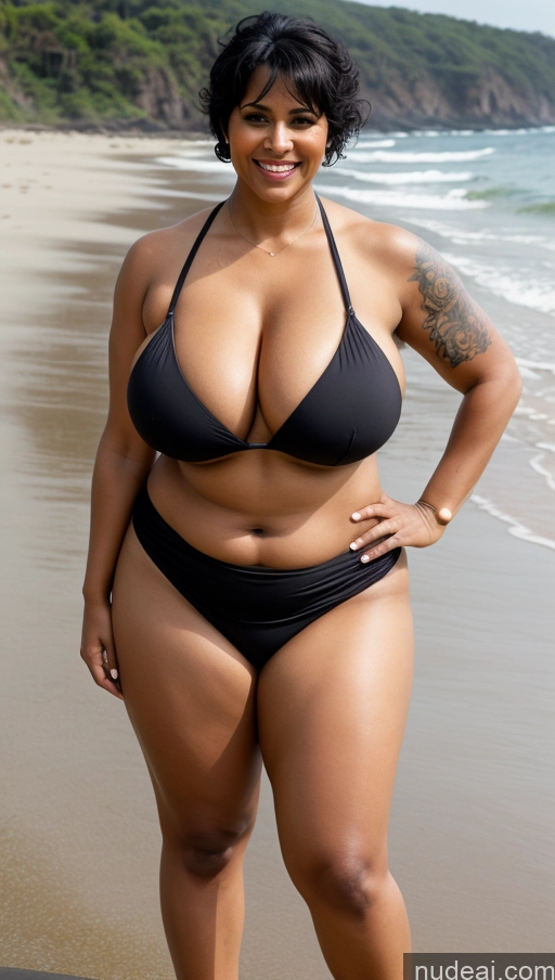 ai nude image of araffe woman in a black bikini posing on the beach pics of Milf Busty Beautiful Big Ass Big Hips Tall Beach Front View Sexy Face Huge Boobs Dark Lighting T-pose Happy 50s Bikini Indian Dark Skin Thick Pixie Black Hair Fat Tattoos Muscular Long Skirt