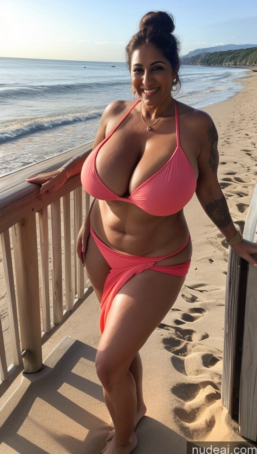 ai nude image of araffe woman in a pink bikini standing on a beach next to a surfboard pics of Milf Busty Beautiful Big Ass Big Hips Tall Beach Front View Sexy Face Huge Boobs Dark Lighting Happy 50s Bikini Indian Tattoos Muscular Dark Skin Thick T-pose Ginger Hair Bun Long Skirt Fat