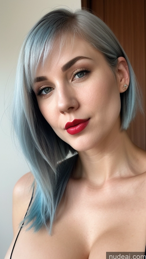 ai nude image of arafed woman with blue hair and red lipstick posing for a picture pics of Woman One Huge Boobs Beautiful Lipstick Fairer Skin 30s Bobcut Close-up View Simple Detailed White Blue Hair Face Mask