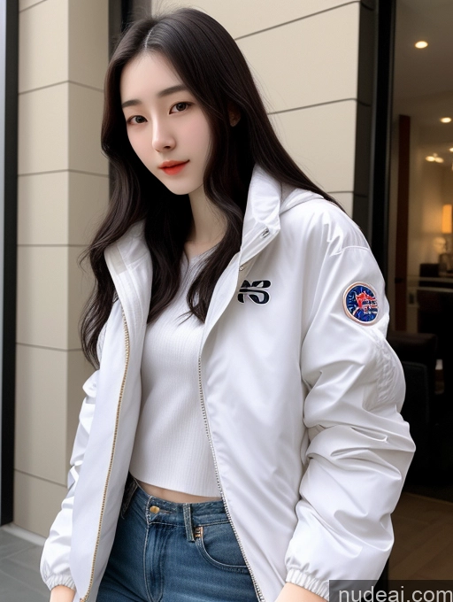 ai nude image of araffed woman in white jacket and jeans walking down a street pics of Beautiful Skinny Fairer Skin 18 Black Hair Long Hair Korean Spreading Legs Jacket