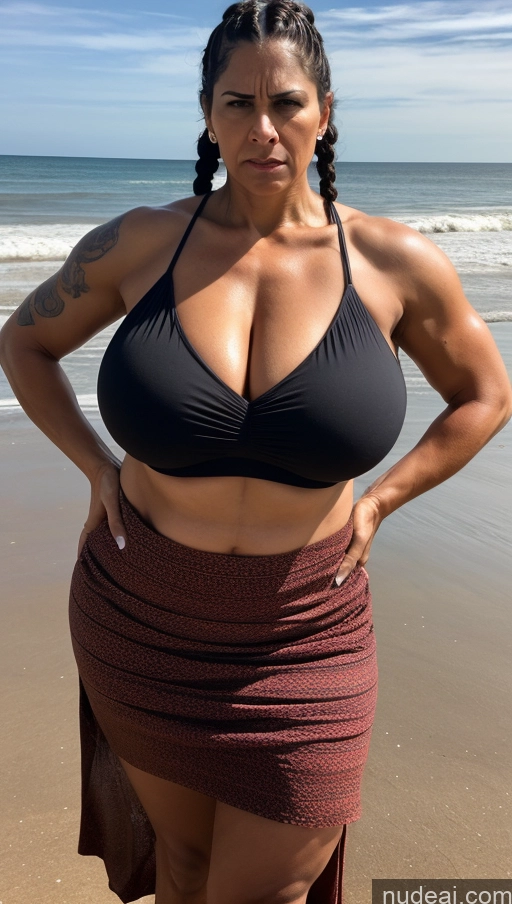 ai nude image of arafed woman in a black bikini top standing on a beach pics of Milf Busty Huge Boobs Beautiful Tattoos Muscular Big Ass Thick Big Hips Tall 50s Braided Indian Beach Front View T-pose Bikini Long Skirt Dark Lighting Sexy Face Abs Angry Black Hair